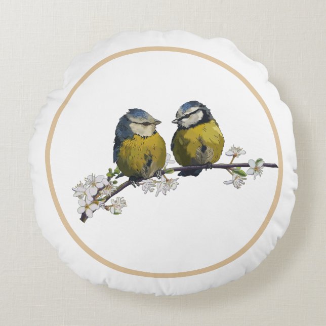 Lovebirds sitting on a cherry blossom branch round cushion (Front)