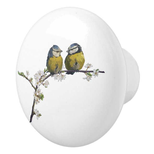 Lovebirds sitting on a cherry blossom branch white ceramic knob (Right)
