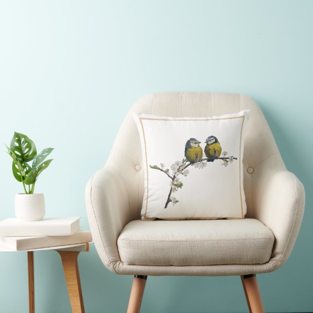 Lovebirds sitting on a cherry blossom branch white cushion (Chair)
