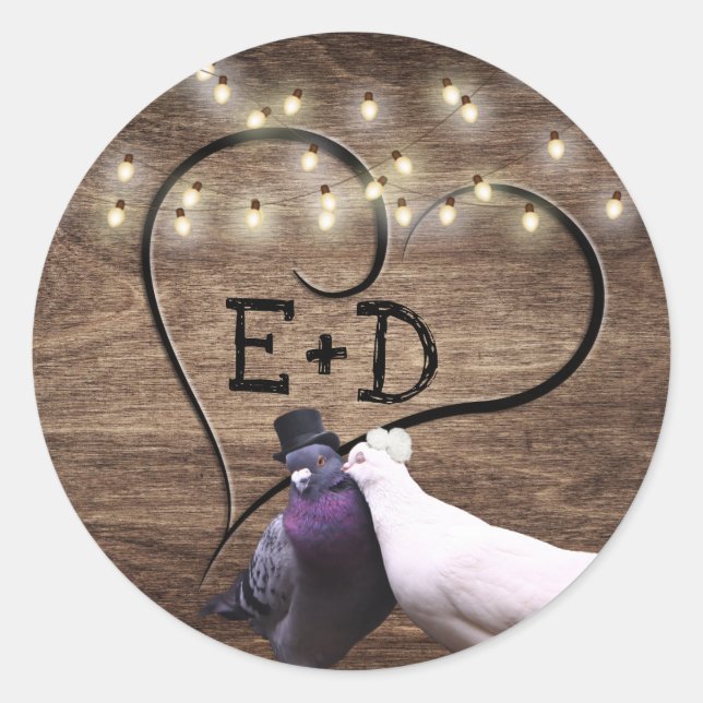 Lovebirds & String Lights Monogram Rustic Wedding Classic Round Sticker (Front)