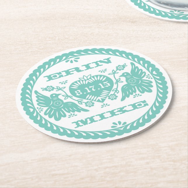 Lovebirds teal 4" paper coaster (Angled)