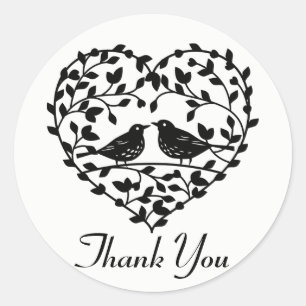 Lovebirds Thank You Black And White Floral Heart Classic Round Sticker