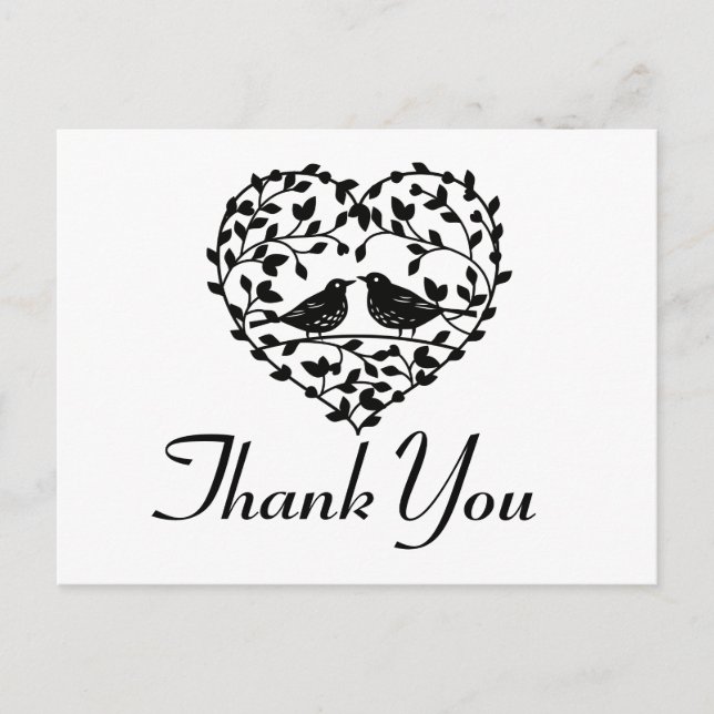 Lovebirds Thank You Black And White Floral Heart Postcard (Front)