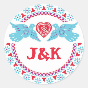 Lovebirds turquoise and red round sticker