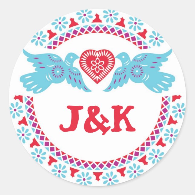 Lovebirds turquoise and red round sticker (Front)