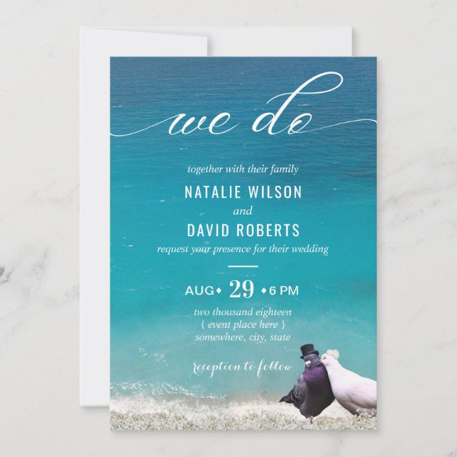 Lovebirds We Do Typography Beach Wedding Invitation (Front)