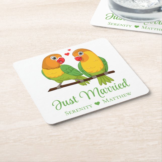 Lovebirds Yellow Green Love Birds Just Married Square Paper Coaster (Angled)