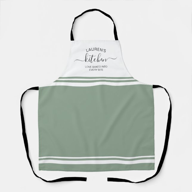 Loved Baked In Sage Green French Stripe Apron (Front)