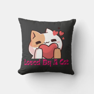 "Loved By A Cat Kawaii Cat Black Throw Pillow" Cushion