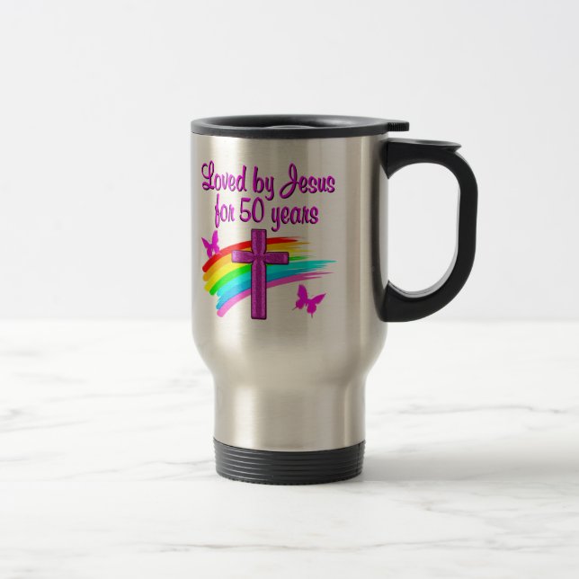 LOVED BY GOD 50TH BIRTHDAY DESIGN TRAVEL MUG (Right)