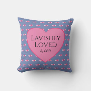 LOVED BY GOD Pink Hearts Custom Blue Valentines Cushion