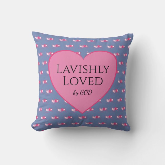 LOVED BY GOD Pink Hearts Custom Blue Valentines Cushion (Front)