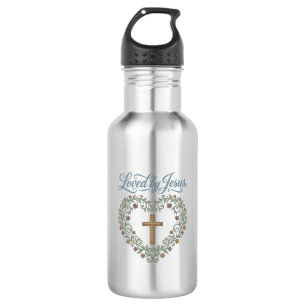 Loved by Jesus Floral Cross Christian T-Shirt Desi 532 Ml Water Bottle
