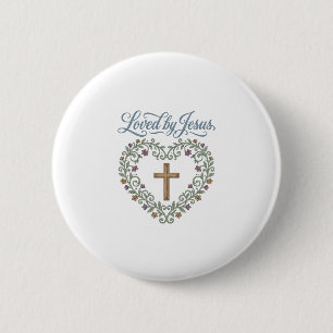 Loved by Jesus Floral Cross Christian T-Shirt Desi 6 Cm Round Badge