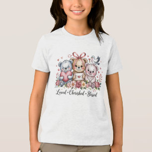 Loved Cherished Blessed Three Teddy Bears Floral Tri-Blend Shirt