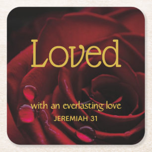 LOVED Everlasting Love Red Rose Custom VALENTINES Square Paper Coaster