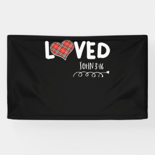 Loved John 3:16 Red Plaid Heart Christian Banner