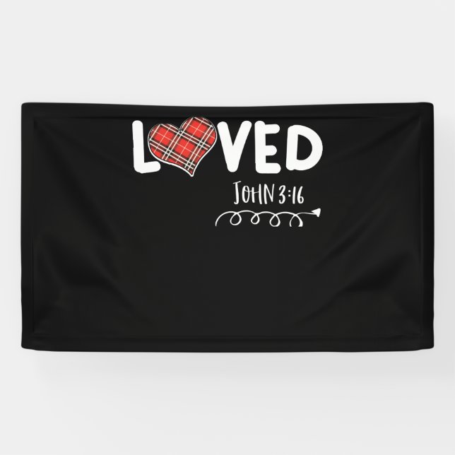 Loved John 3:16 Red Plaid Heart Christian Banner (Horizontal)