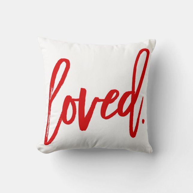 Loved. Red Modern Trendy Script Typography Cushion (Front)