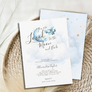 Loved to Moon Blue Clouds Aeroplane Baby Boy Showe Invitation
