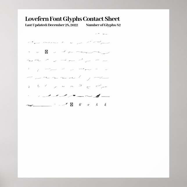 Lovefern Font Glyphs Contact Sheet Poster (Front)