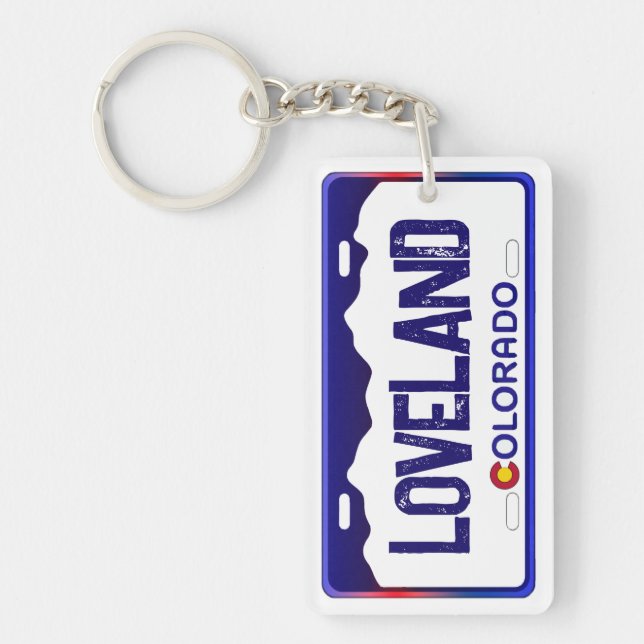 Loveland Colorado blue license plate keychain (Front)