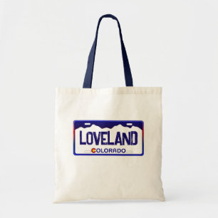 Loveland Colorado blue license plate tote bag