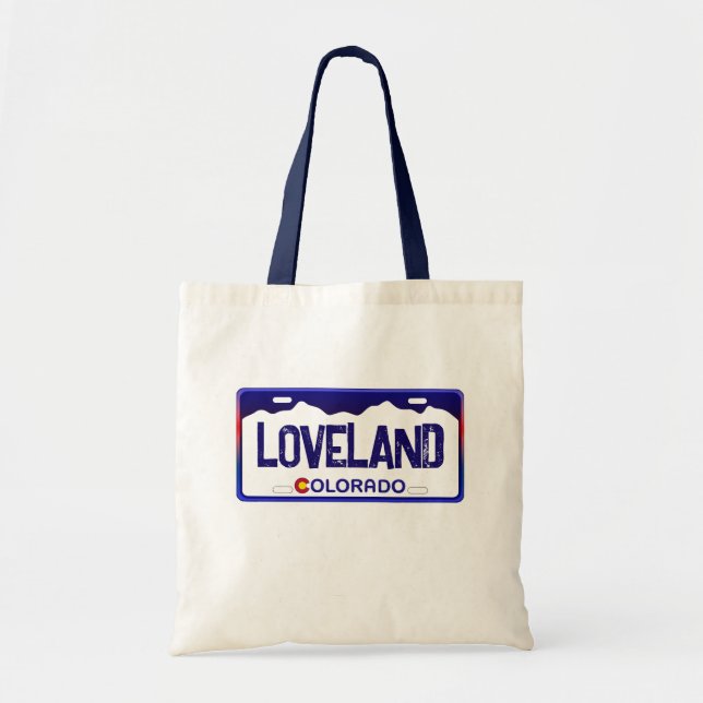 Loveland Colorado blue license plate tote bag (Front)