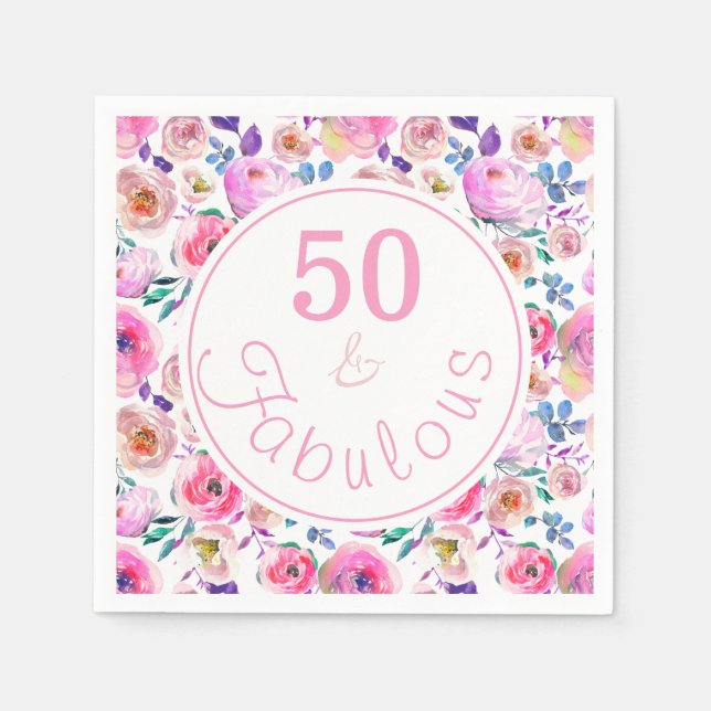 Lovely 50 and Fabulous Watercolor Birthday Party Napkin (Front)