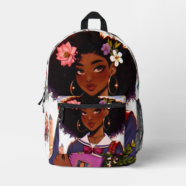 Lovely African-American Anime` School Girl Printed Backpack (Front)