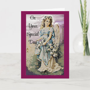 Lovely Angel Holding Flowers Birthday Card