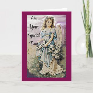 Lovely Angel Holding Flowers Birthday Card