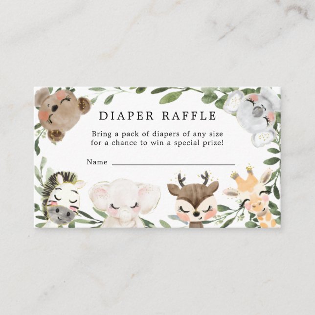 Lovely Animals Diaper Raffle Baby Shower Card (Front)