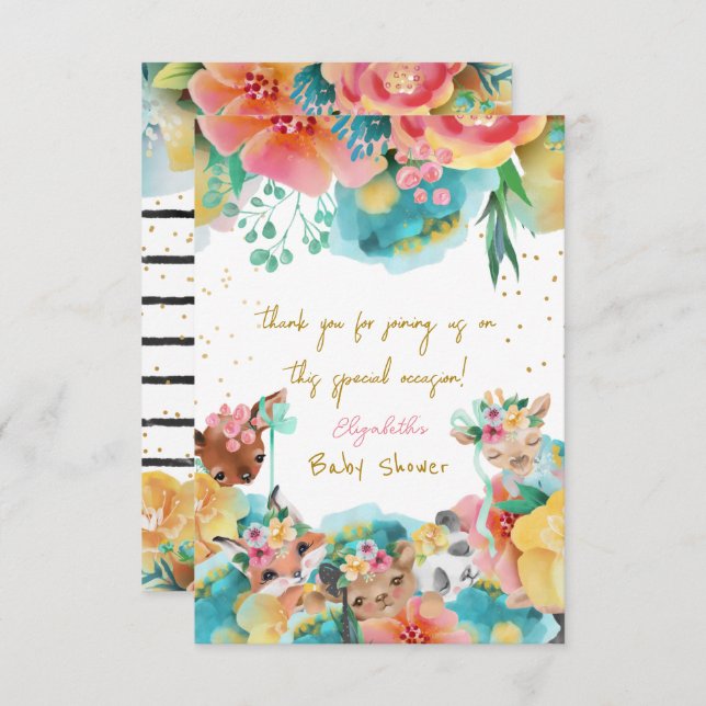 Lovely Animals Flower Bloom Baby Girl Shower Thank You Card (Front/Back)