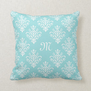 Lovely Aqua Blue and White Damask With Monogram Cushion