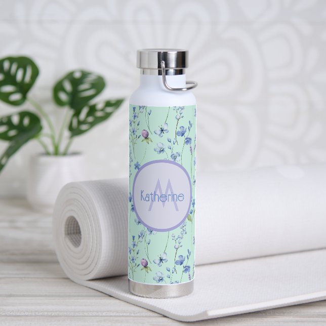 Lovely Aqua Blue Green Bottle With Purple Flowers (Yoga)