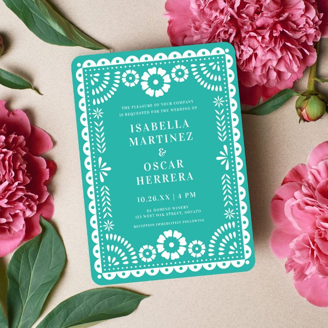 Lovely Aqua Papel Picado Inspired Wedding Invitation (Creator Uploaded)