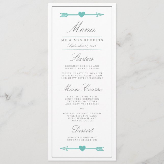Lovely Arrows Wedding Dinner Menu / Teal & Grey (Front)