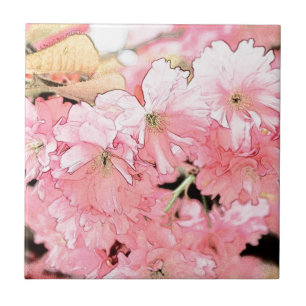 Lovely artistic sketch pink cherry blossom flowers tile