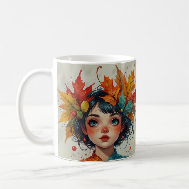 Lovely Autumn Girl with Fall Leaves Coffee Mug (Left)