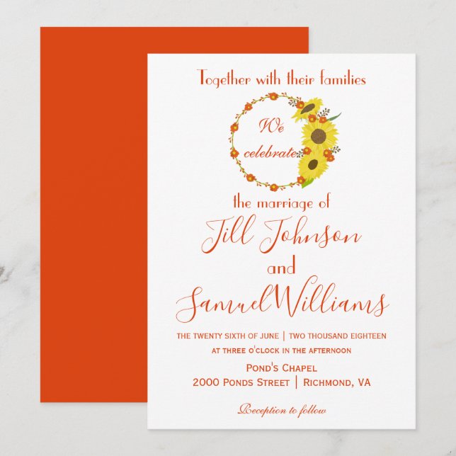 Lovely autumn sunflower floral wedding invitation (Front/Back)