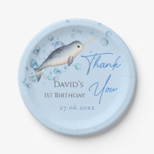 Lovely baby boy Narwhal bubbles 1st Birthday Paper Plate
