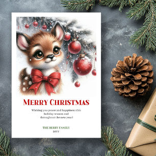 Lovely Baby Deer Snowy Forest Watercolor Christmas Holiday Card