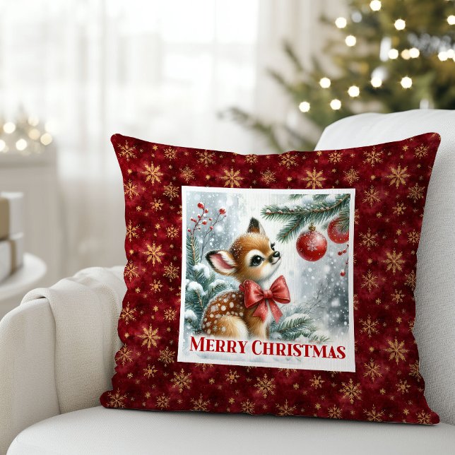 Lovely baby fawn festive winter scene Christmas  Cushion (Lovely baby fawn festive winter scene Christmas pillow)