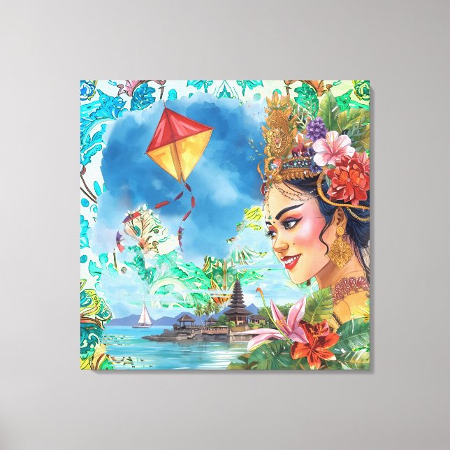 Lovely Bali Dancer and Tropical Pattern Canvas Print (Front)