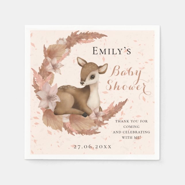 Lovely Bambi & Flowers Pastel Pink Baby Shower Napkin (Front)