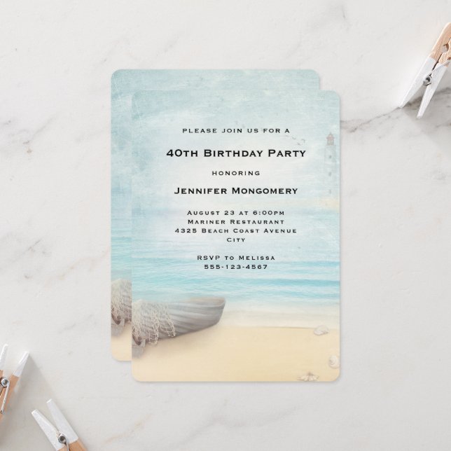 Lovely Beach Scene with Boat & Lighthouse Birthday Invitation (Front/Back In Situ)