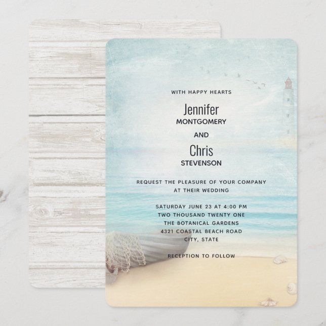 Lovely Beach Scene with Boat & Lighthouse Wedding Invitation (Front/Back)