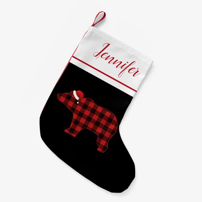 Lovely Bear Silhouette Buffalo Plaid Small Christmas Stocking (Front (Hanging))