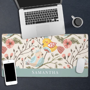 Lovely birds floral with name desk mat
